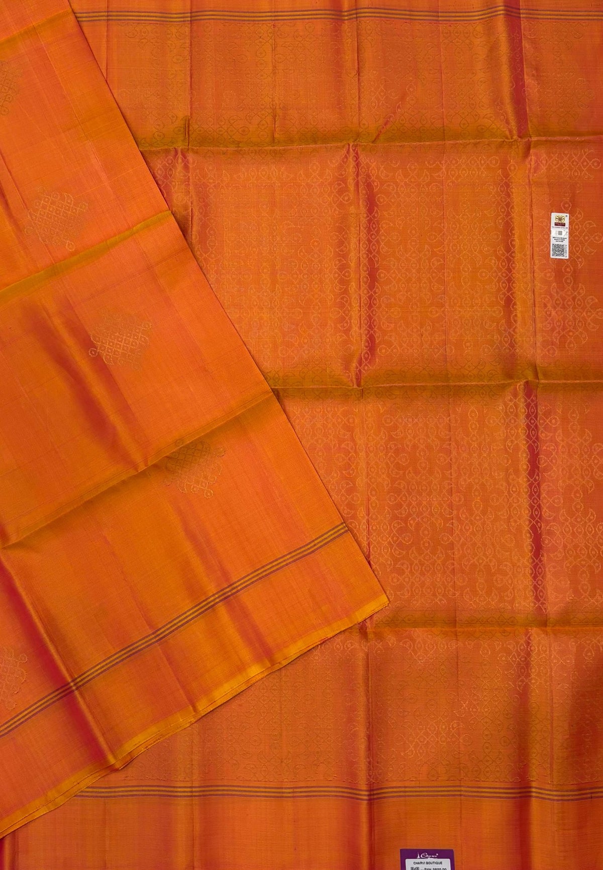 Pure Kanchipuram Silk Saree-Yellowish Pink With Kolam Zari Border