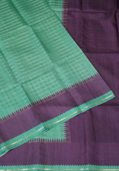 Semi Matka Tussar Saree-Green with Contrast Border and Zari Checks