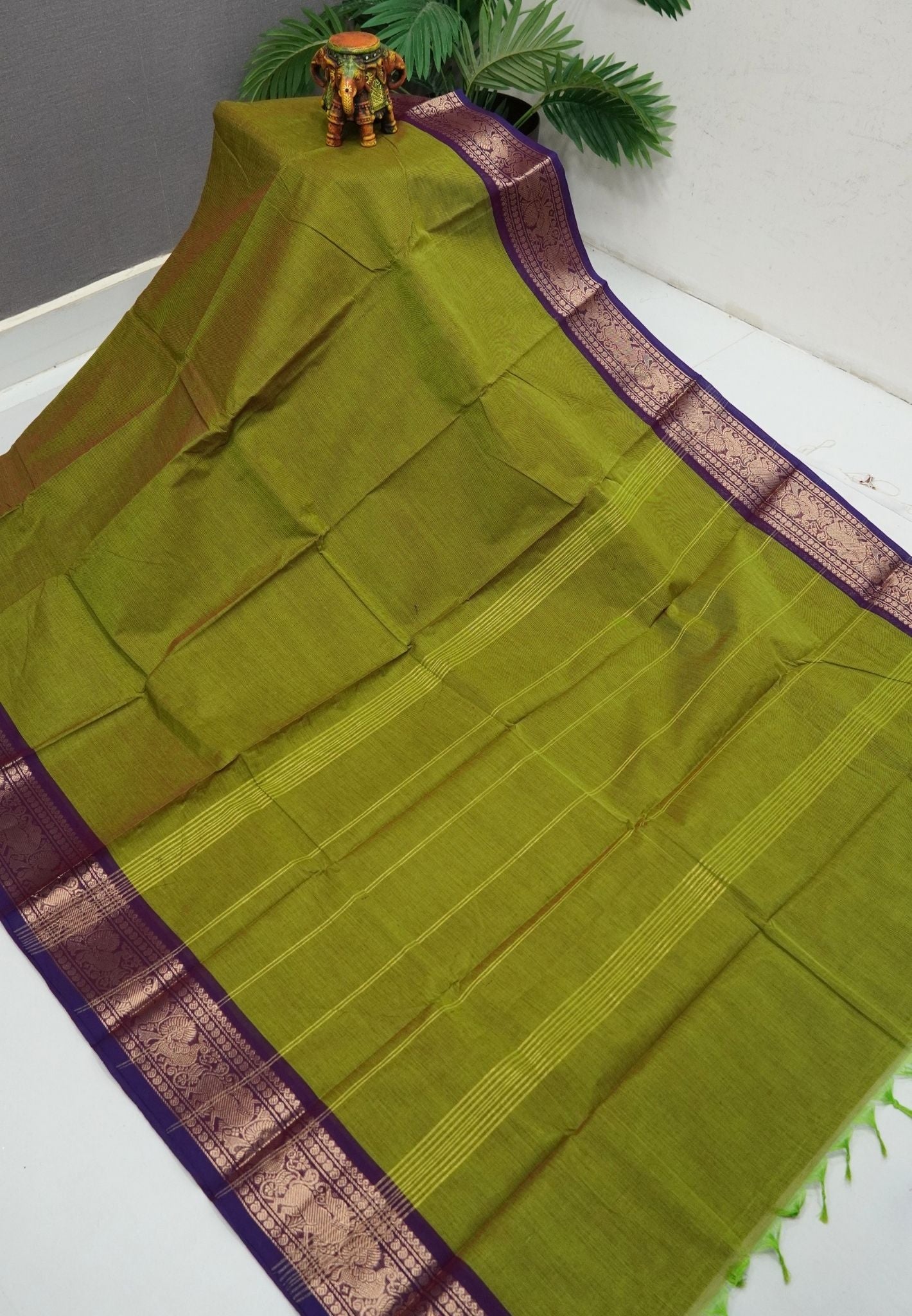 Kanchi Cotton Saree-Light Green-Purple With Zari Border