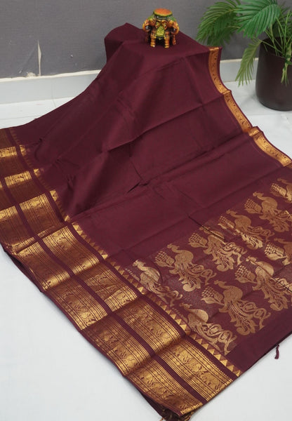 Chettinadu Cotton Saree-Dark Maroon with Elephant Big Border