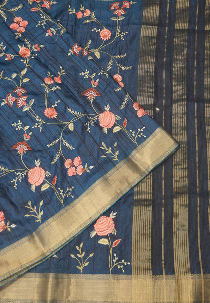 Soft Tussar Saree-Peacock Blue with Floral Embroidery Work