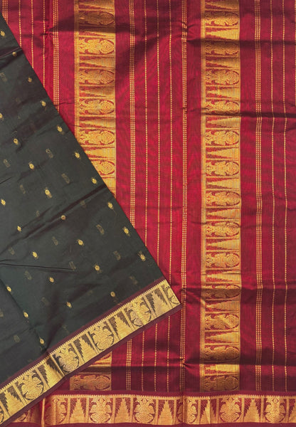 Silk Cotton Saree–Emerald Green-Maroon in Mini Buttas with Contrast Border