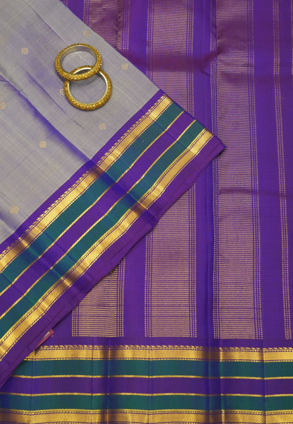 Pure Kanchipuram Silk Saree- Metallic Voilet Small Butta with Contrast Border