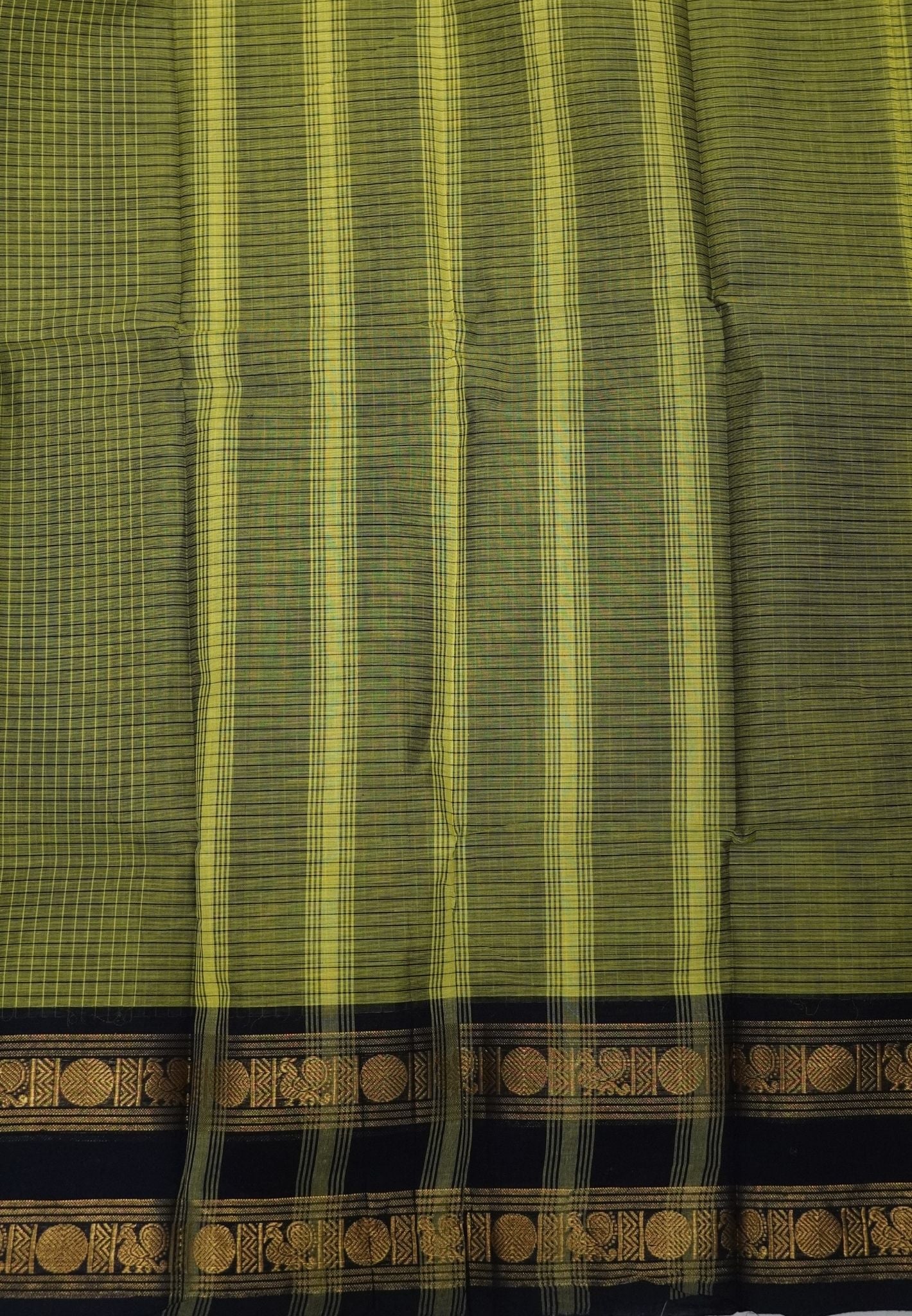 Kanchi Cotton Saree-Olive Green in Checkered Pattern with Retapet Border