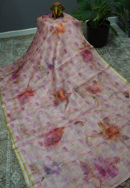 Linen Kota Saree - Light Pink with Floral Prints