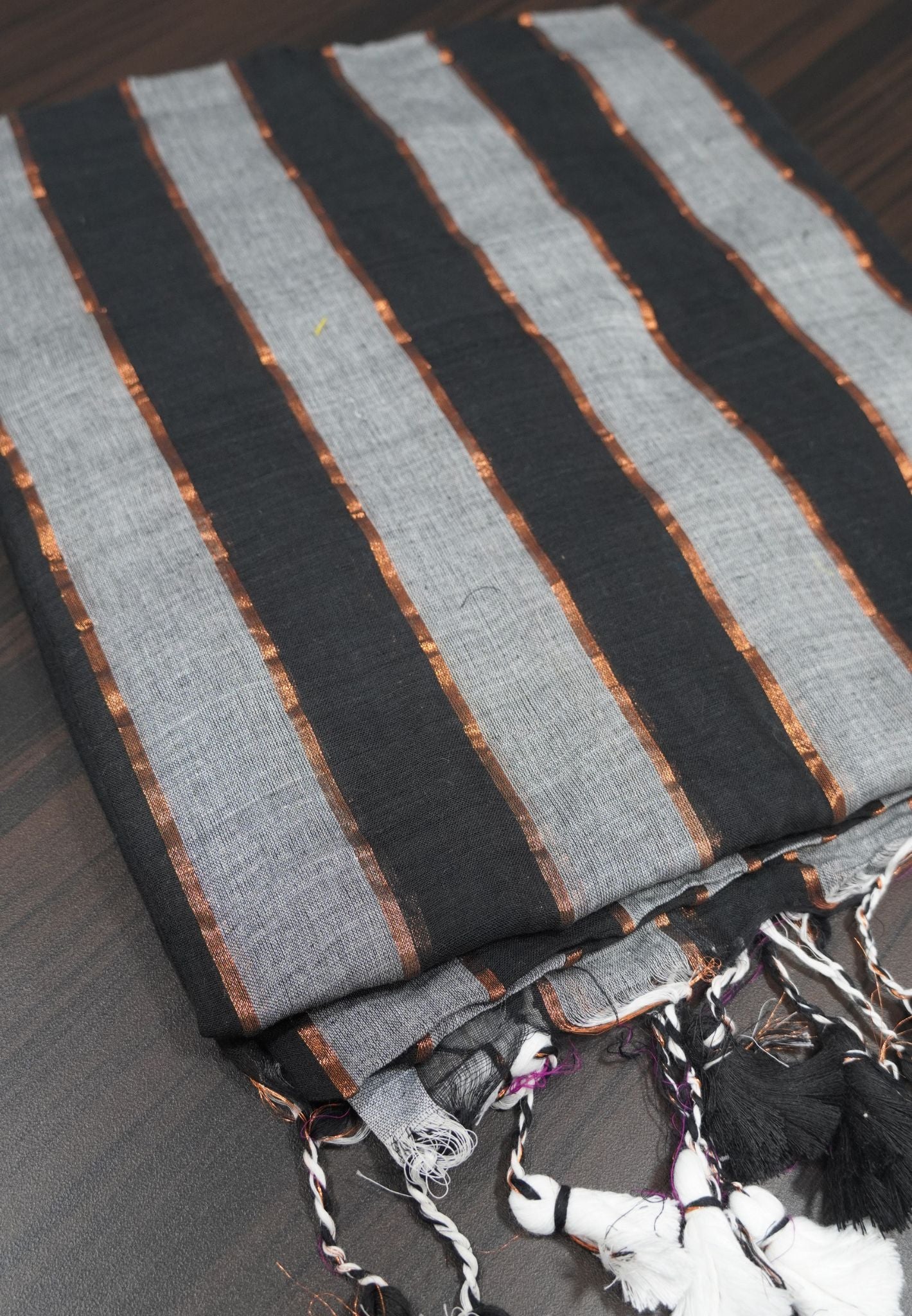 Khadi Cotton Saree - Black Small Lines