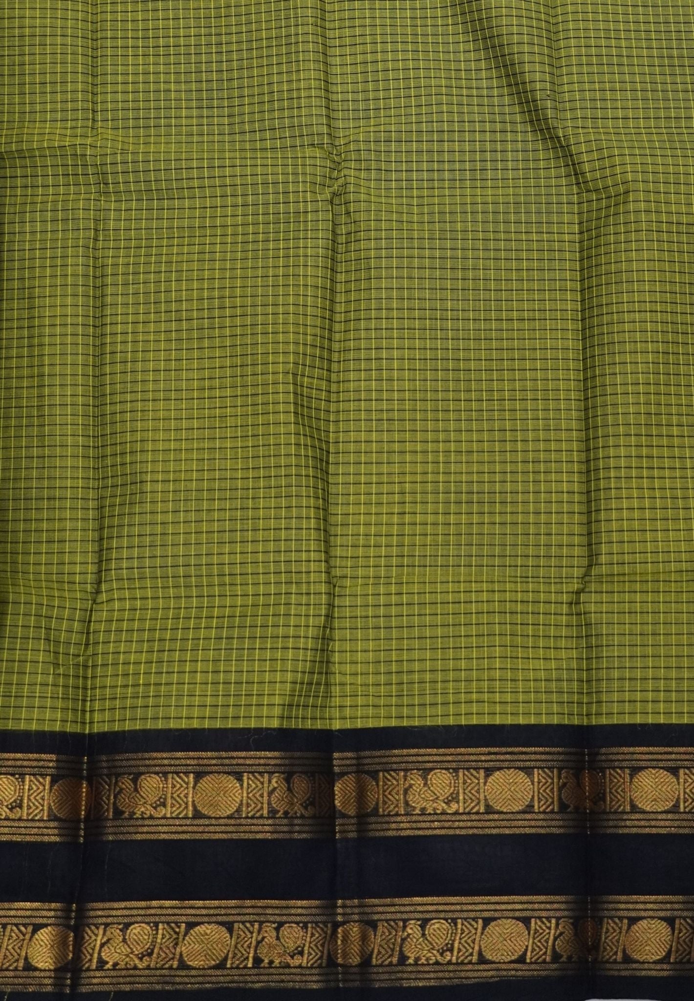 Kanchi Cotton Saree-Olive Green in Checkered Pattern with Retapet Border