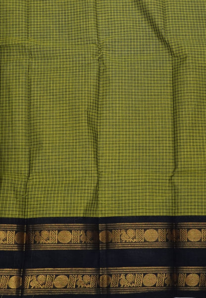 Kanchi Cotton Saree-Olive Green in Checkered Pattern with Retapet Border