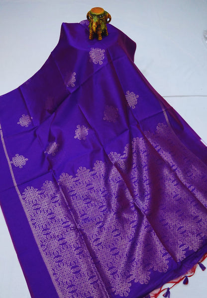 Semi Raw Silk Saree -Voilet in Kolam Pattern