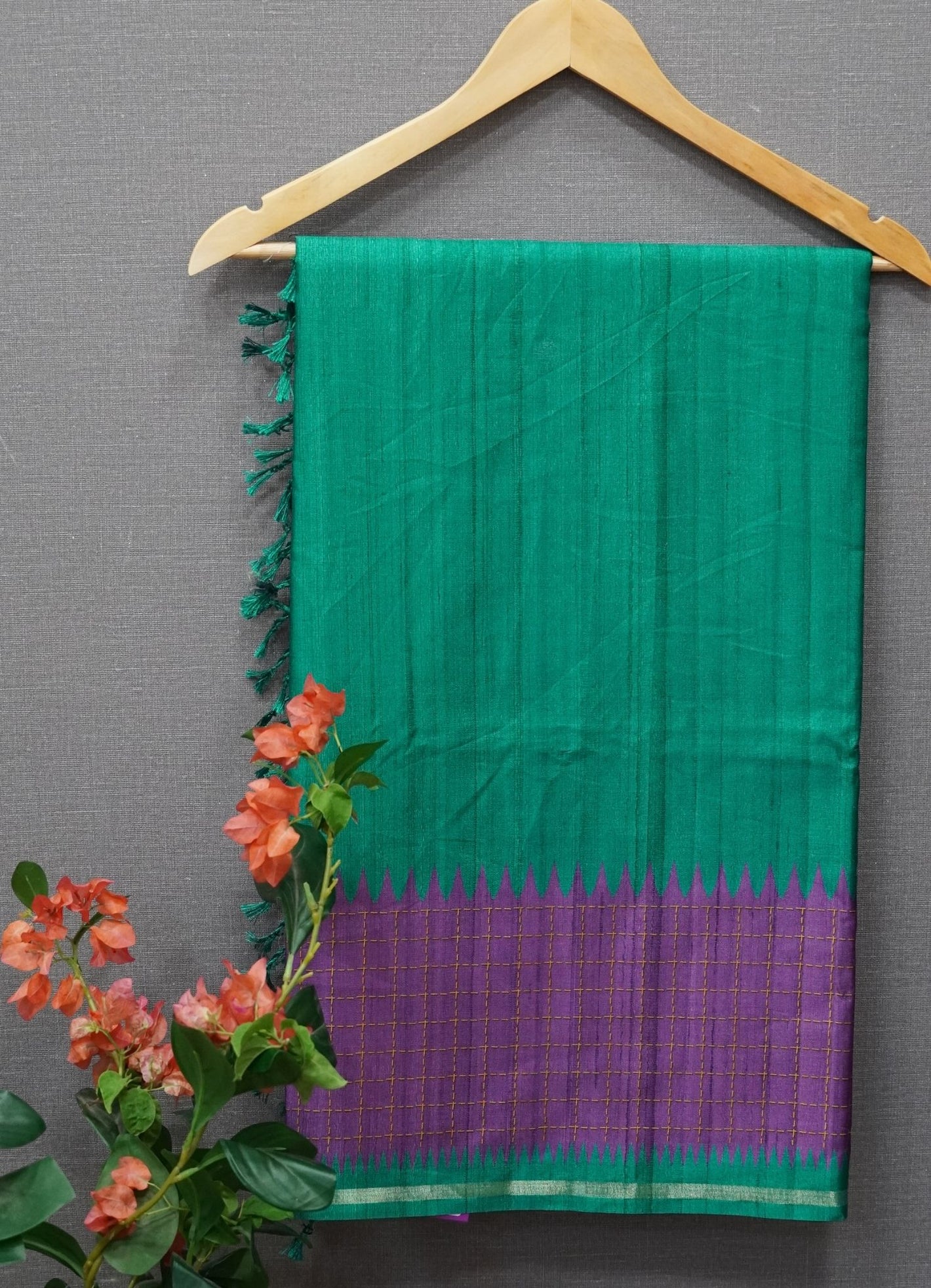Semi Tussar Saree –  Green & Purple Checks Design