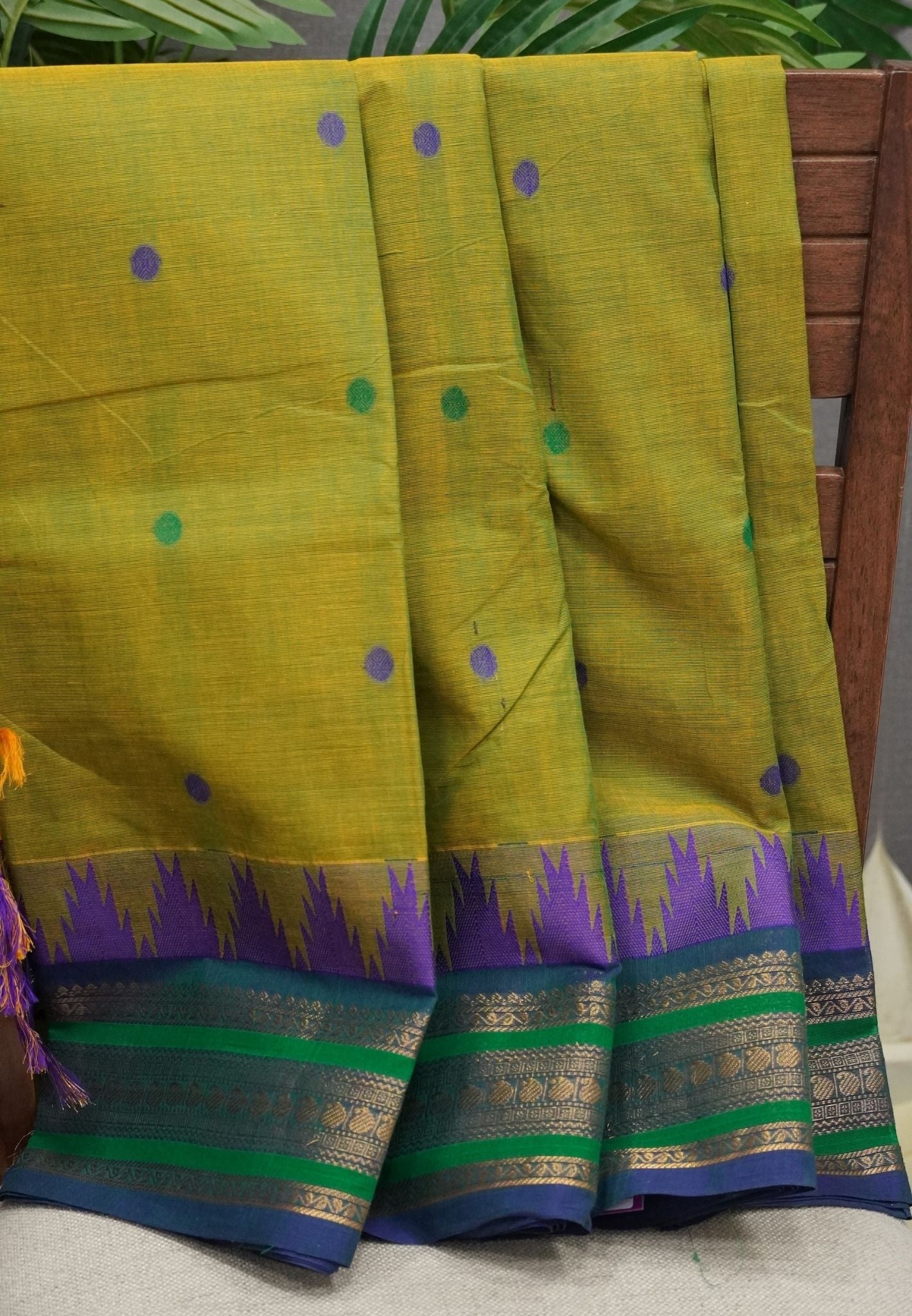 Chettinad Cotton Saree–Lime Green with Temple Zari Border