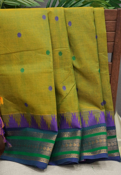 Chettinad Cotton Saree–Lime Green with Temple Zari Border