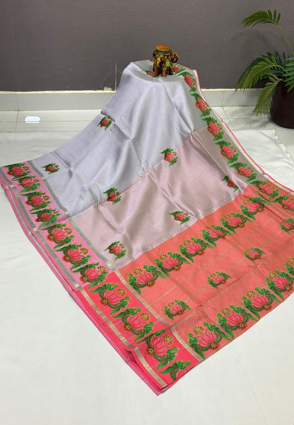 Pure Mangalgiri Silk Saree-Grey Temple with Tanjore Print