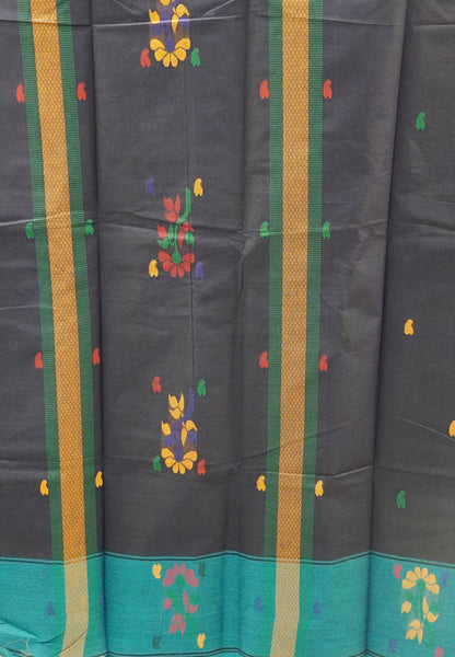 Chettinad Cotton Saree-Navy Blue With Floral Bouquet Border