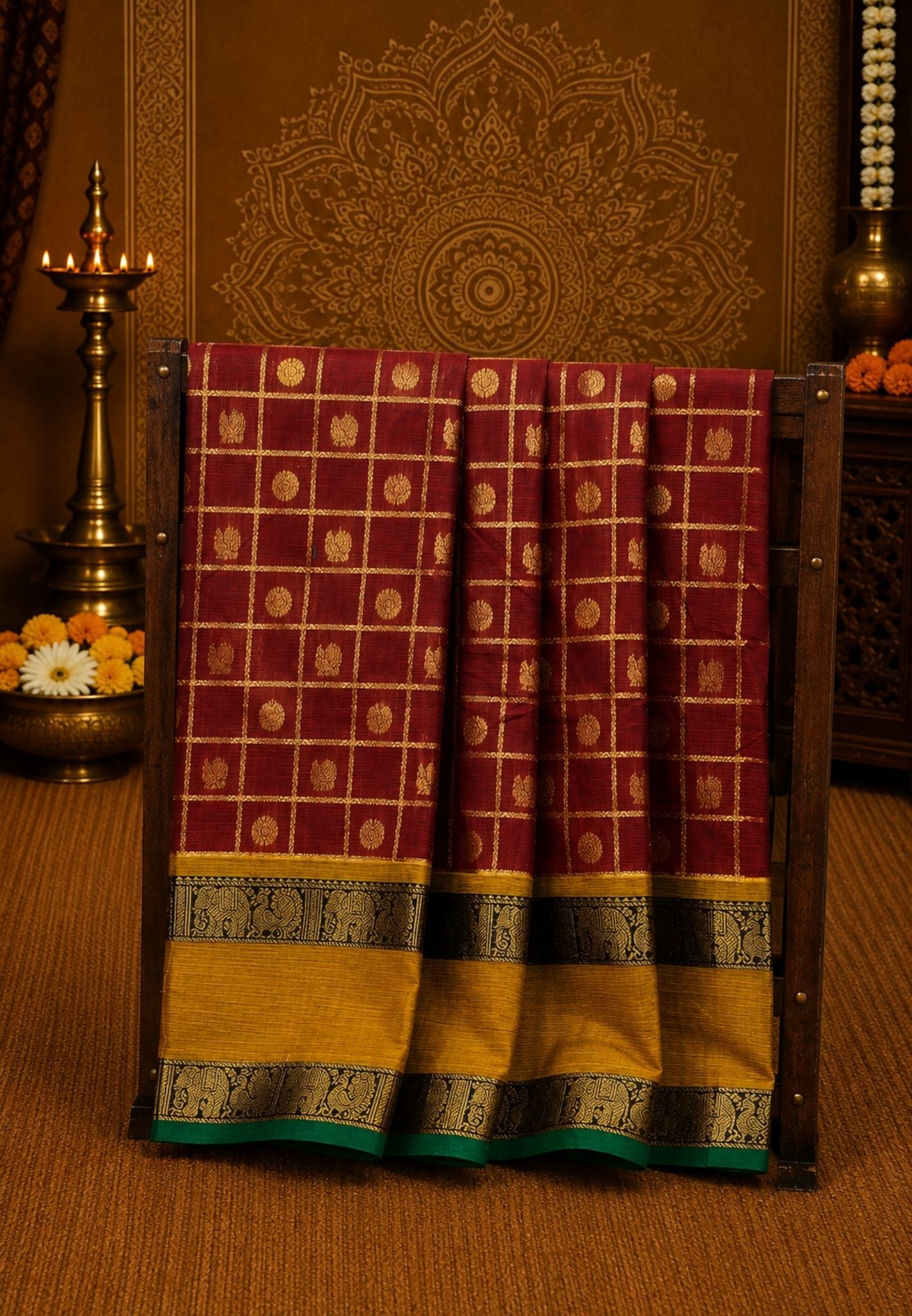 Chettinad Cotton Saree-Maroon in Mayil Chakram Zari Checks with Retapett Border