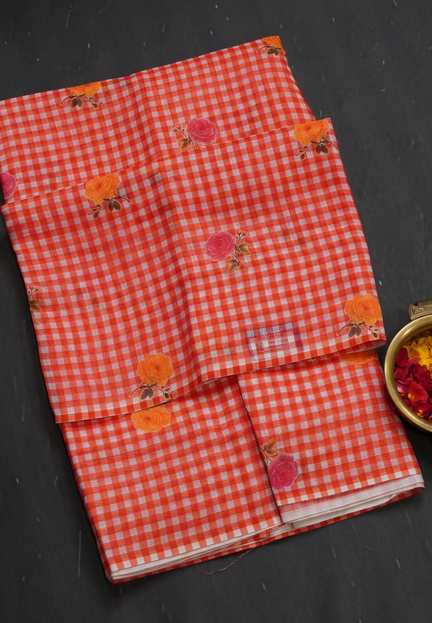 Linen Saree - Checks Red