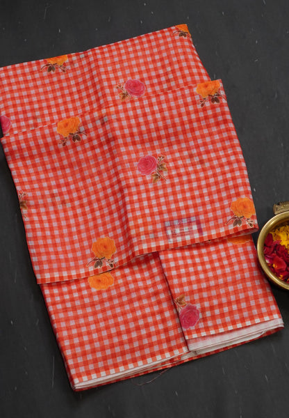 Linen Saree - Checks Red