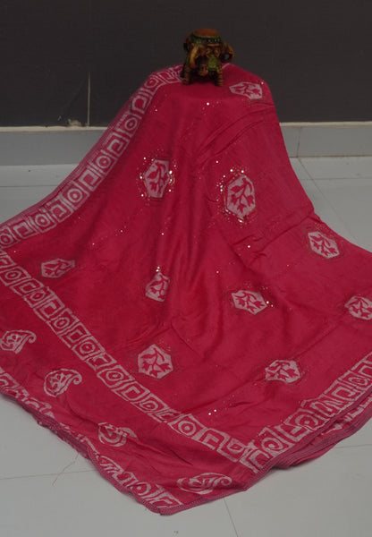 Batick Cotton Saree-Pink with Sequence Work