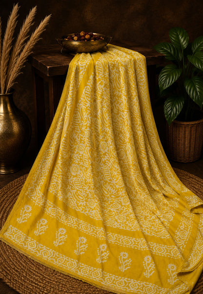 Batik Tussar Saree-Yellow with Batik Print