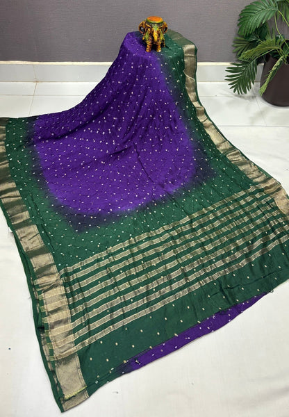 Banarasi Bandeji Saree-Violet in Horizontal Stripe Zari with Contrast Border