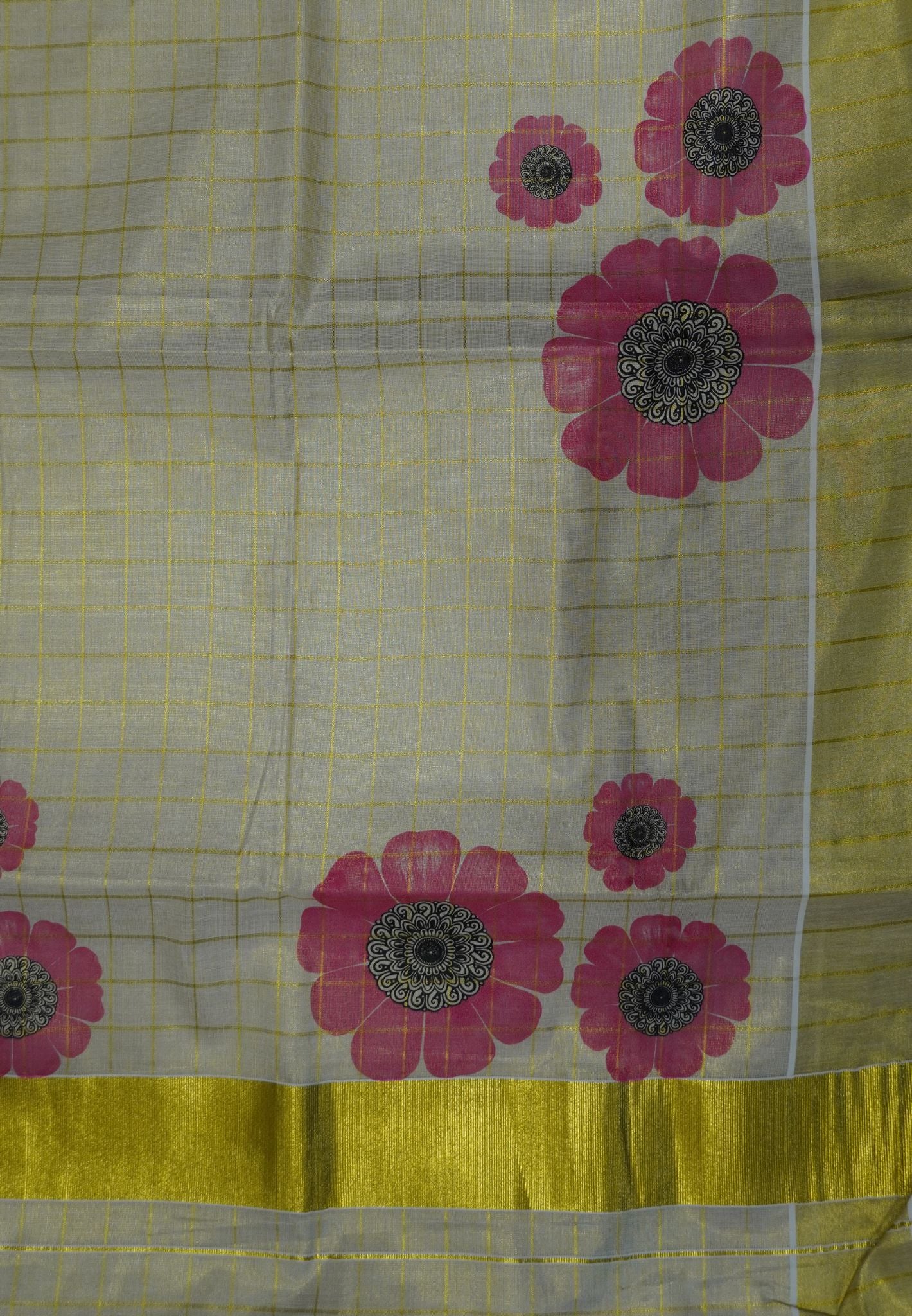Tissue Saree – Sandal with Golden Checks and Pink Floral Print