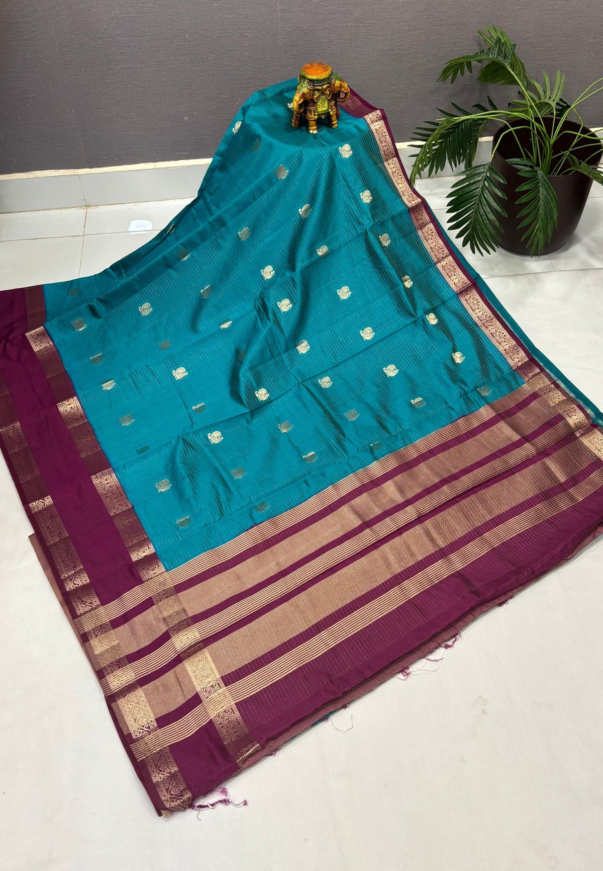Semi Tussar Saree- Ramar in Traditional Floral Zari Stripe with Contrast Border