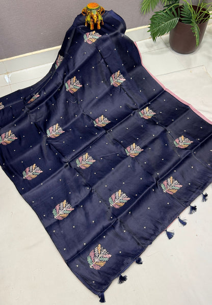 Blueberry Silk Saree-Navy Blue in Leaf Butta Embroidery Border