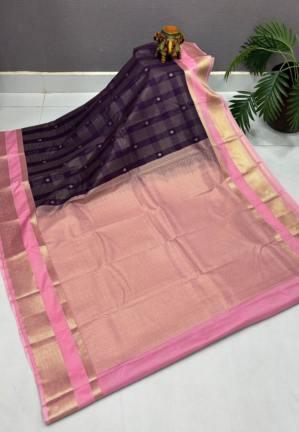 Budget Kanchipuram Saree-Dark Purple with Contrast Border