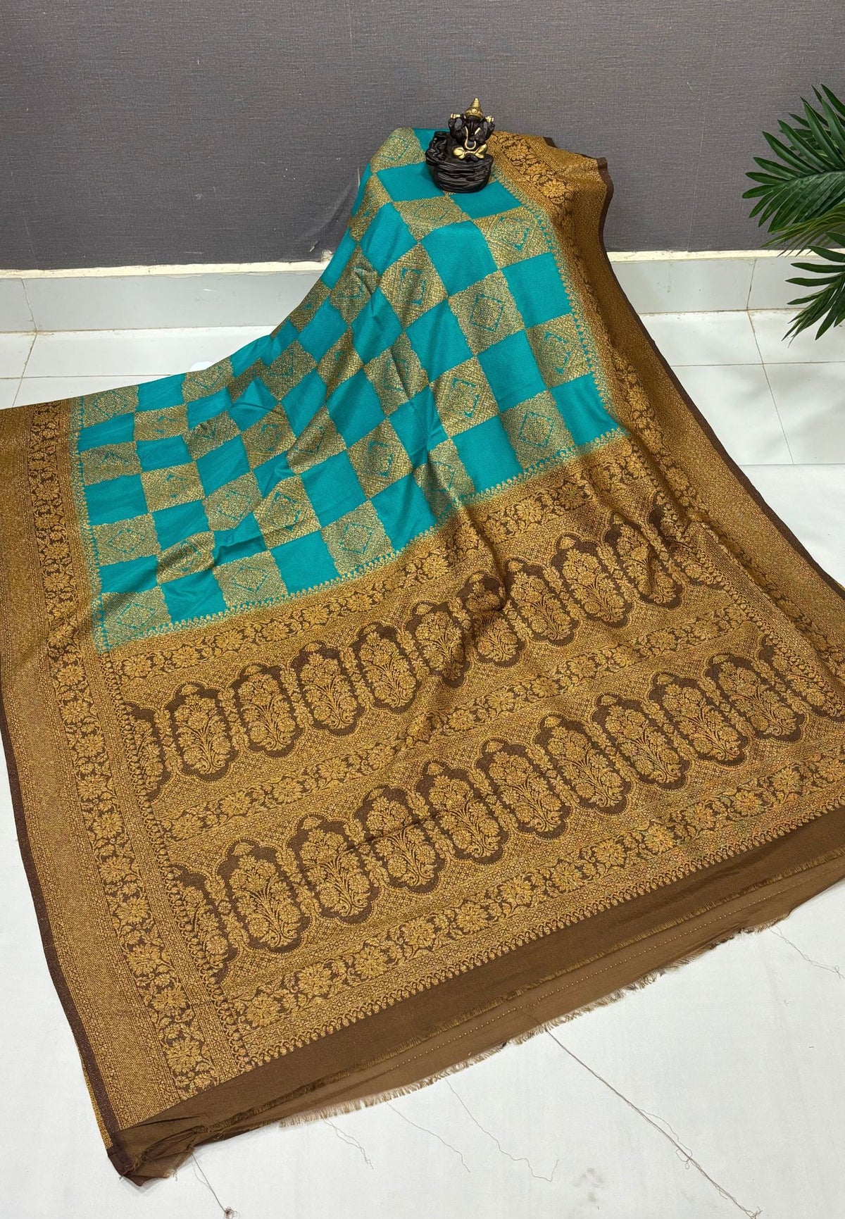 Banarasi Crepe Saree-Ramar Blue In Square Check Brocade With Contrast Border