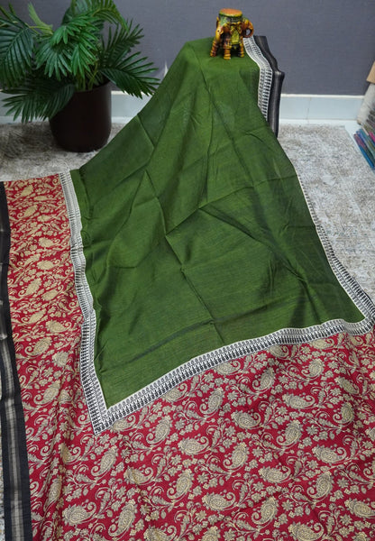 Jute Tussar Saree - Olive Green & Maroon with Floral Print