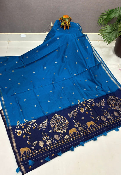 Gaji Silk Saree-Sulphate Blue In Warli Tree & Elephant With Contrast Border