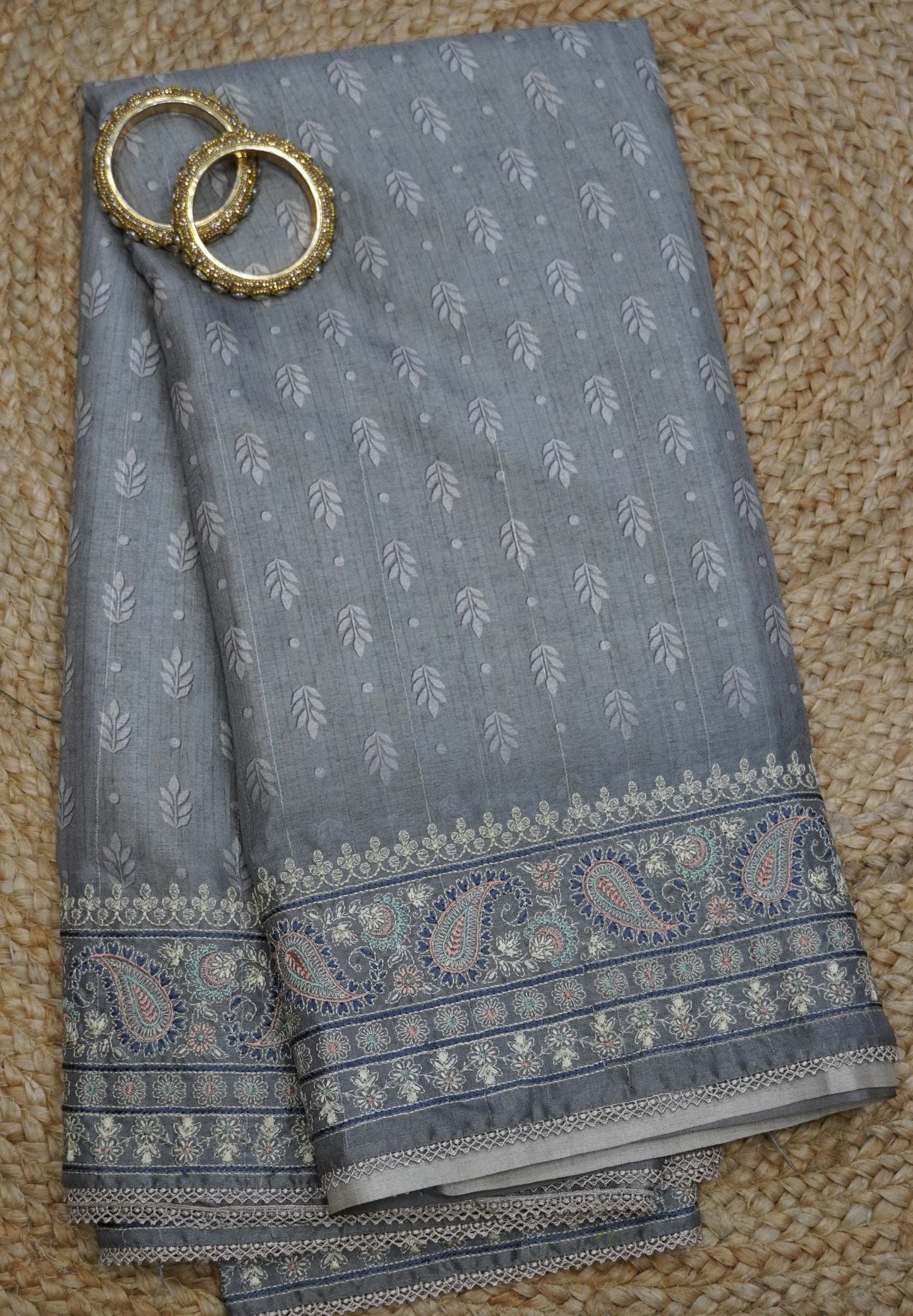 Tussar Saree- Grey with Floral Pattern