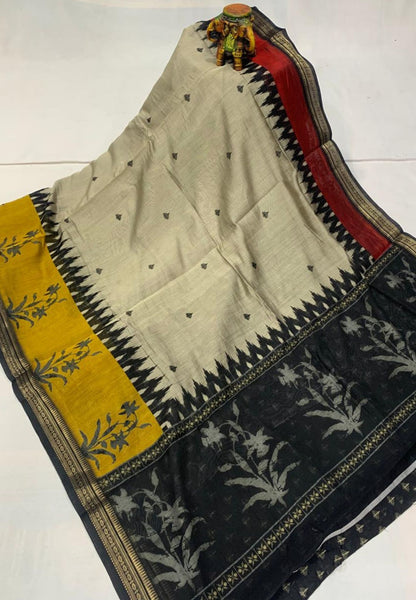 Malai Cotton Saree-Mustard in Tower Print
