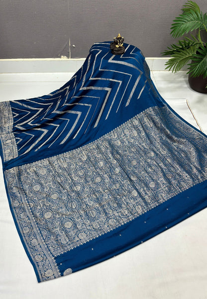 Chinon Silk Saree-Peacock Blue with Antique Floral Border
