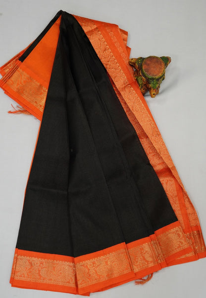 Pure Silk Cotton Saree- Black with Orange in Vairaoosi