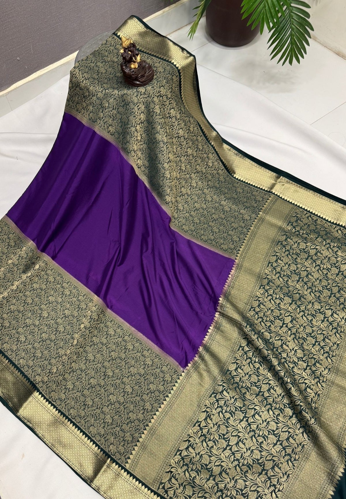 Art Mysore Silk Saree-Violet-Green-Black In Floral Zari With Contrast Border