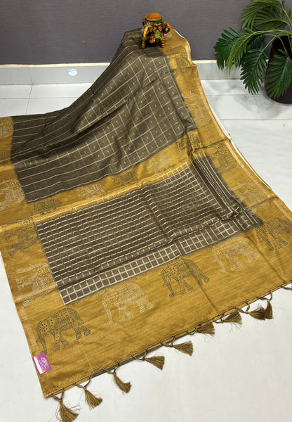 Semi Tussar Saree-Army Green in Traditional Elephant Motif Zari with Contrast Border