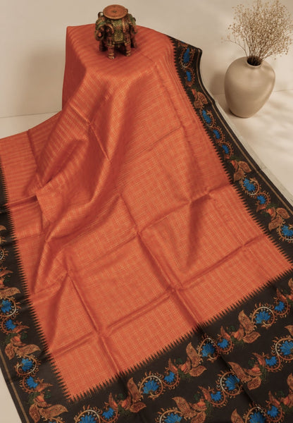 Premium Matka Tussar Saree-Orange with Contrast Border in Tanjore Print