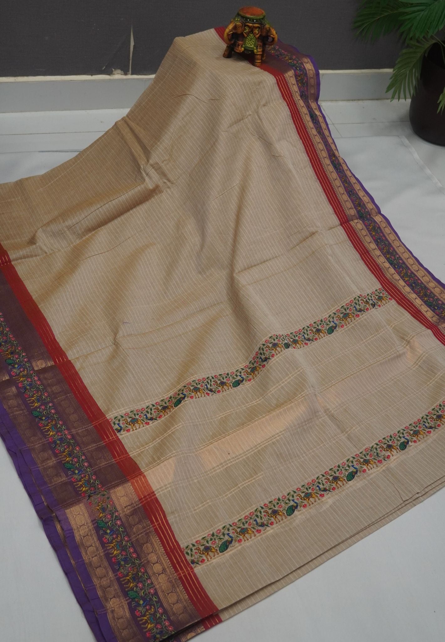 Chettinad Cotton Saree- Beige with Camel Tanjore Print