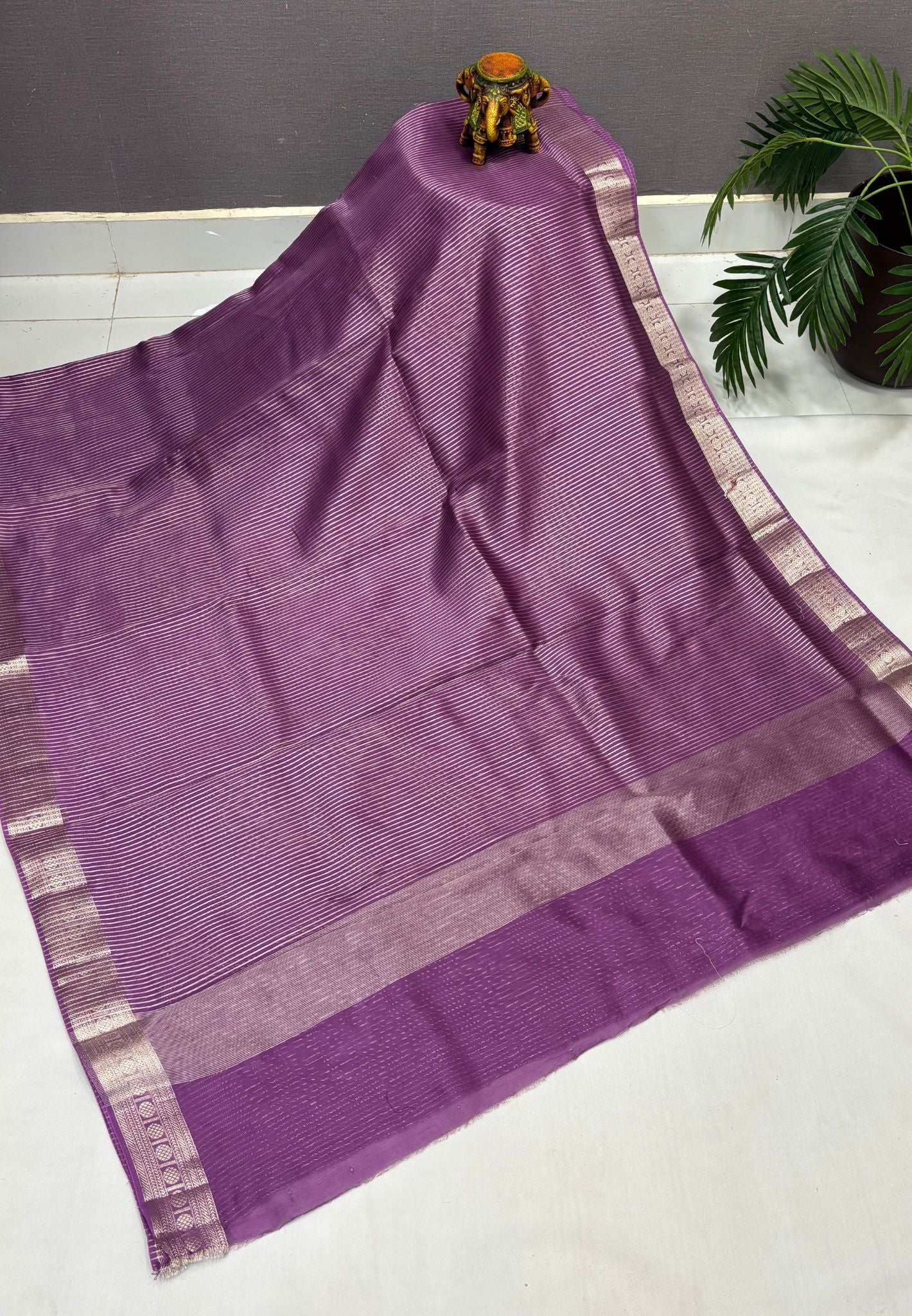 Chanderi Saree-Purple in Fine Stripe Zari Border