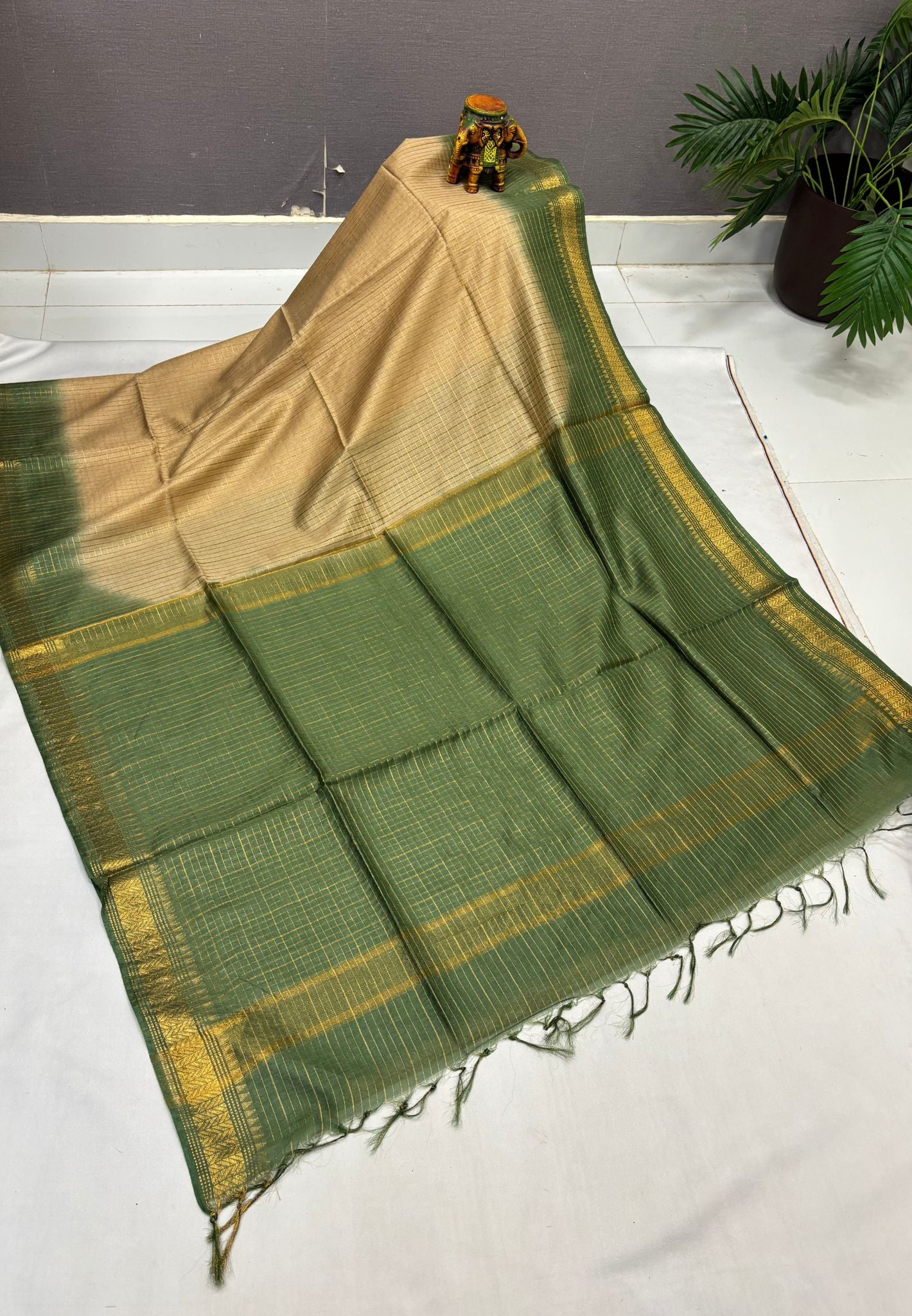 Semi Bhagalpur Tussar Saree-Cream in Zari checks with Contrast Border