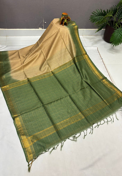 Semi Bhagalpur Tussar Saree-Cream in Zari checks with Contrast Border