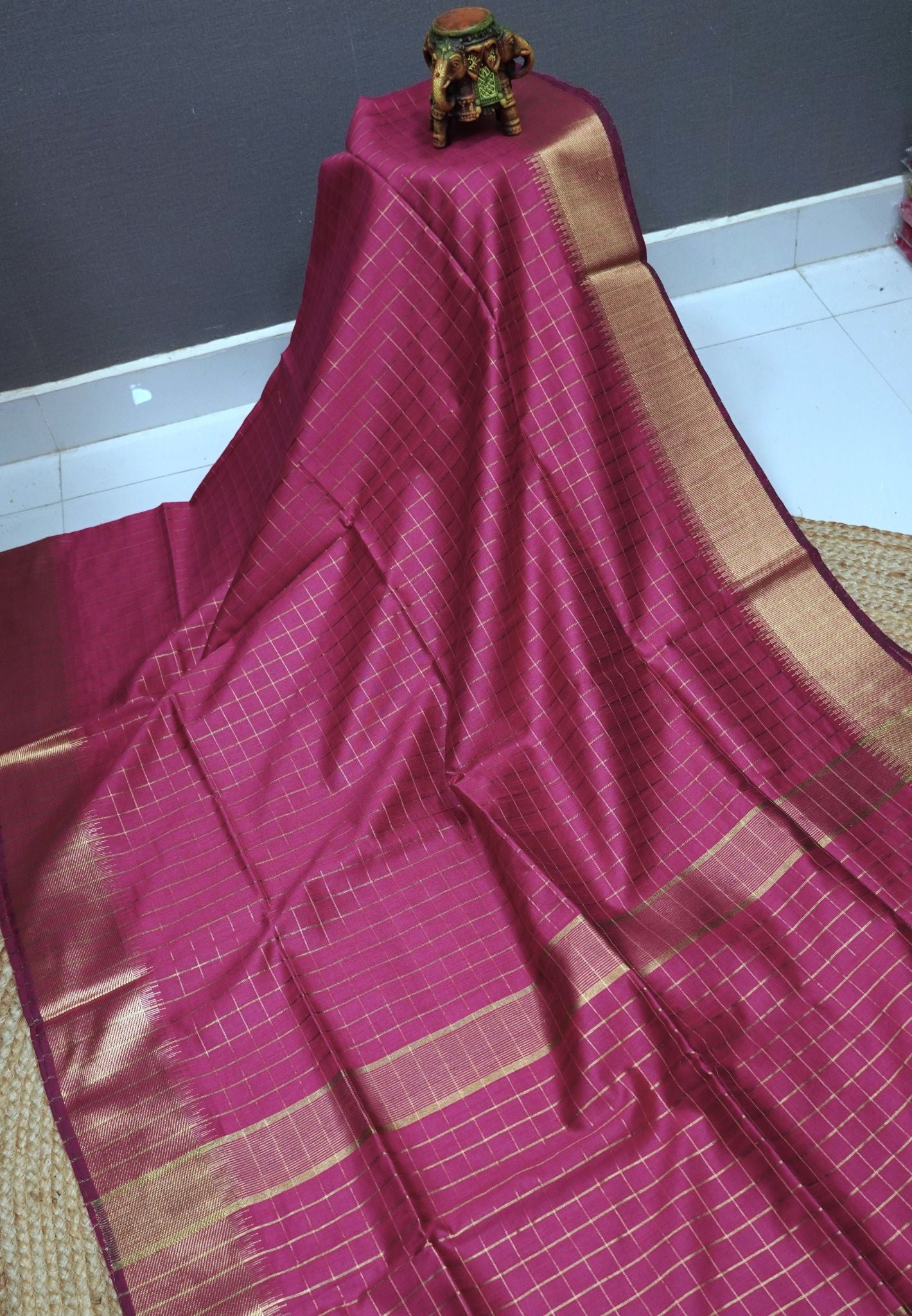 Semi Raw Silk Saree-Pink in Checked Zari