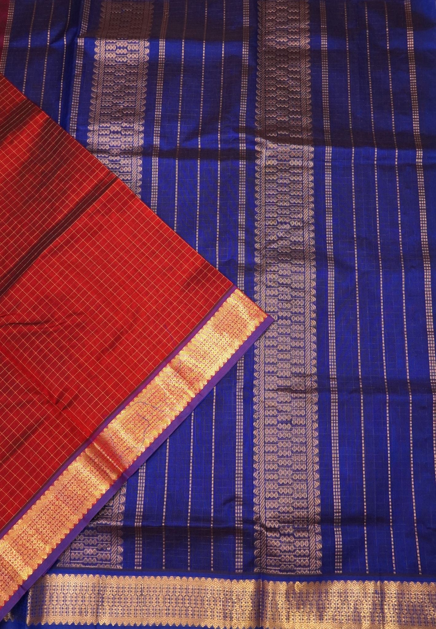 Pure Silk Cotton Saree-Maroon in Mini Checks with Contrast Border