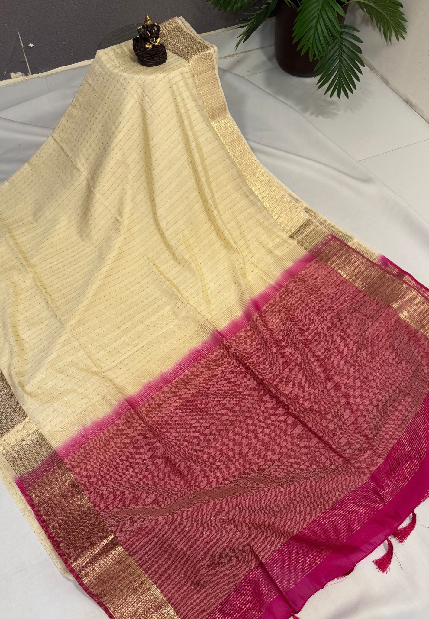 Semi Tussar Saree-Off White with Zari Lines