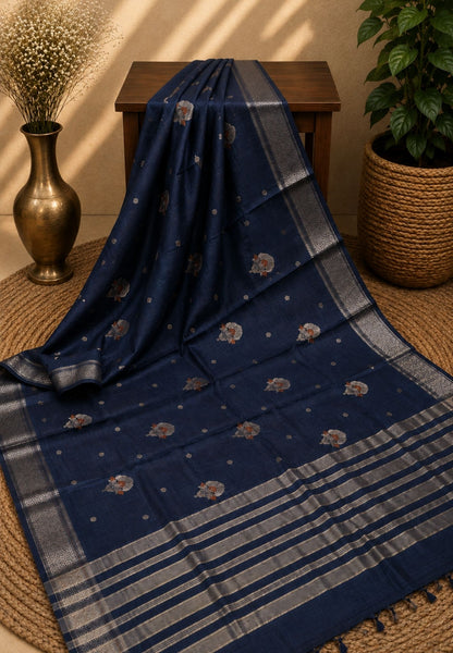 Semi Tussar Saree-Navy Blue with Floral Zari Motif