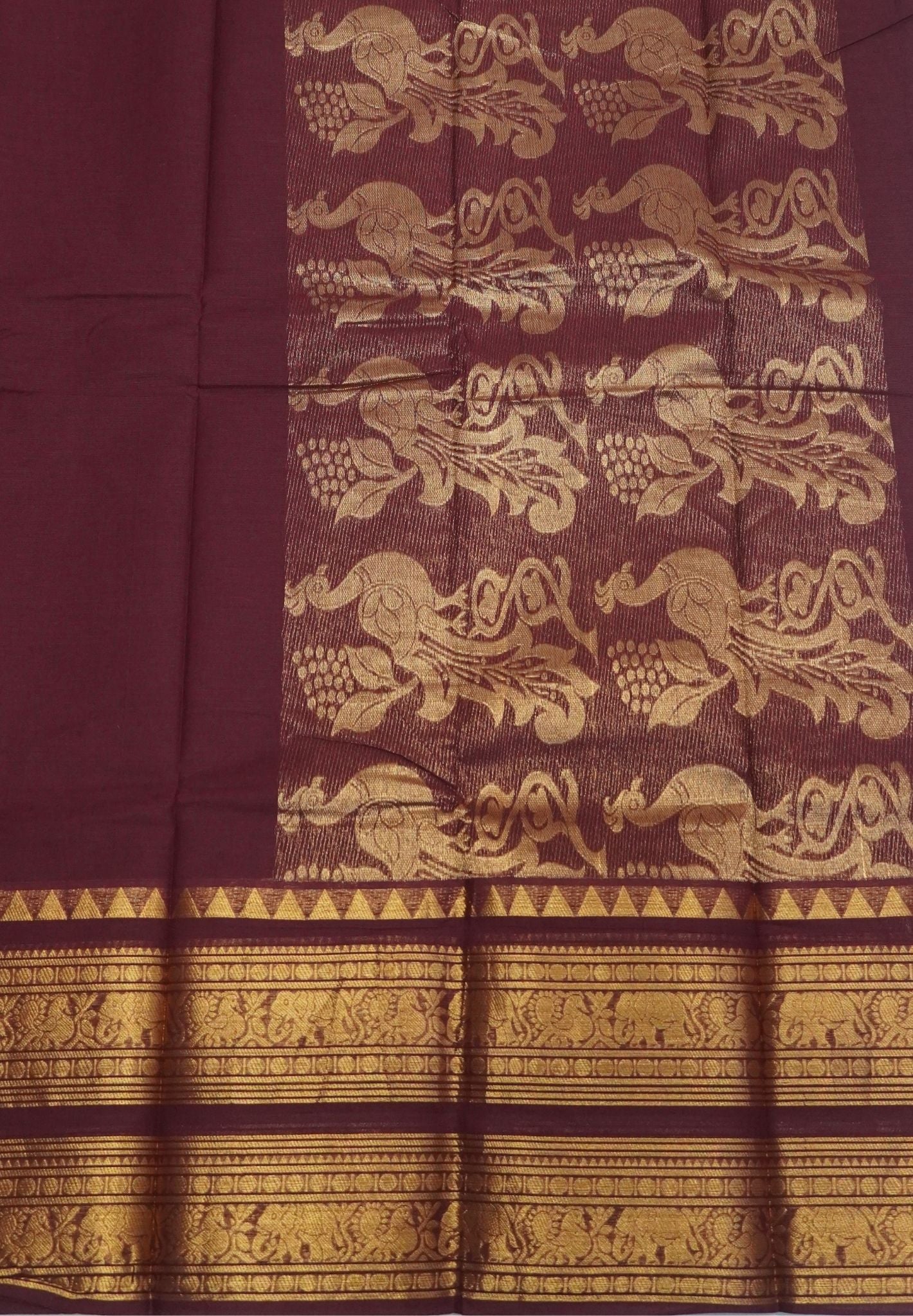 Chettinadu Cotton Saree-Dark Maroon with Elephant Big Border