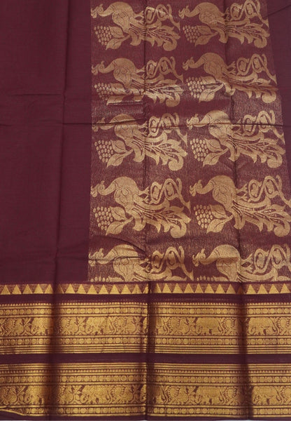 Chettinadu Cotton Saree-Dark Maroon with Elephant Big Border