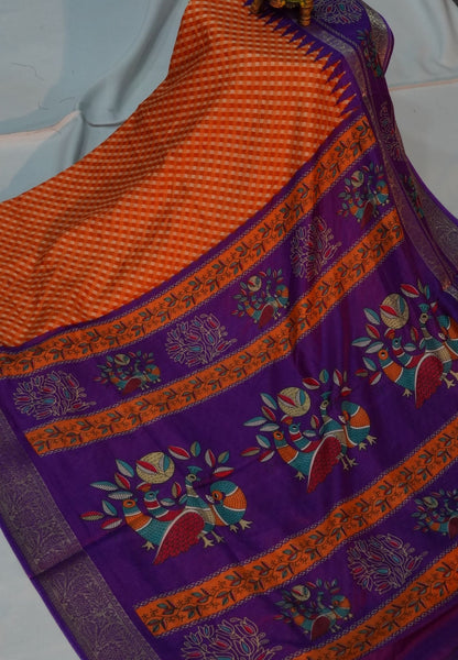 Semi Dola Saree-Orange in Checked Pattern