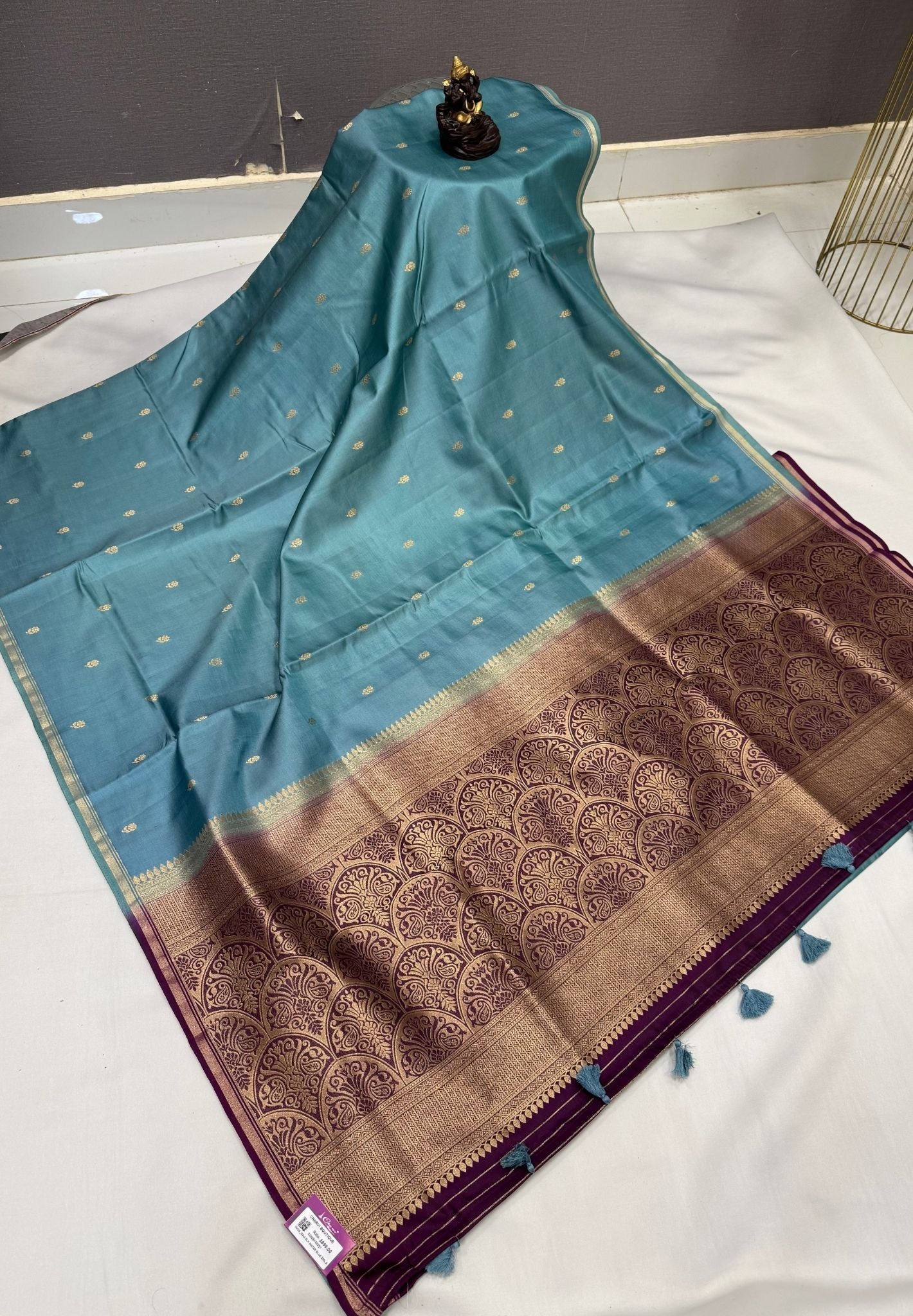 Gaji Silk Saree-Water Blue In Paisley Jaal Zari Border